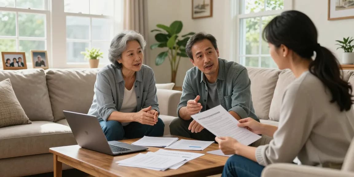 Family discussing how to get rid of a timeshare in a cozy living room, showcasing documents and laptop.
