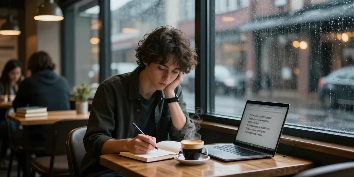 Emotional scene of reflection at Rokok88 with coffee and journal in cozy café.