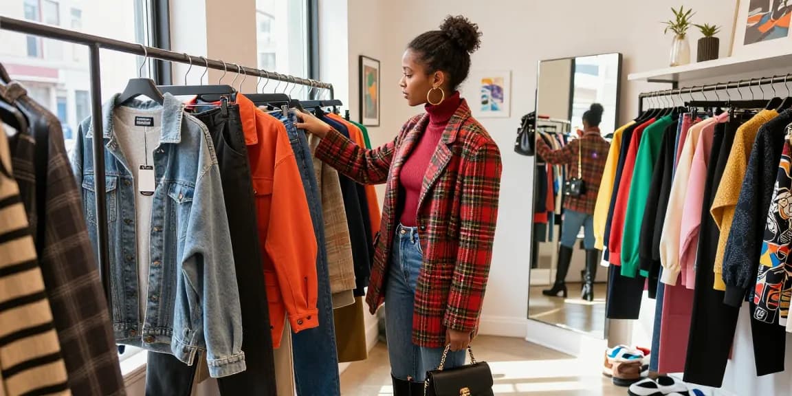 Fashion blog enthusiasts explore stylish clothing in a vibrant urban boutique.