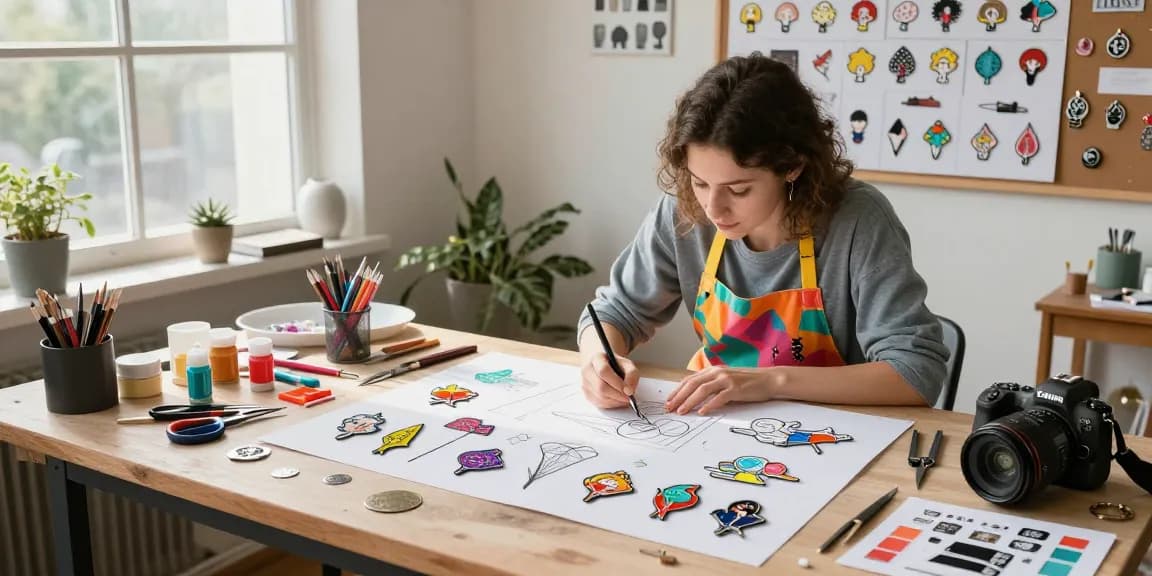 Creative designer crafting custom enamel pins in a bright studio with vibrant materials.