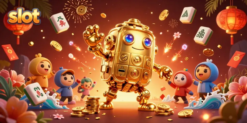Spin the slot in this vibrant animated scene featuring a golden golem and festive decorations.