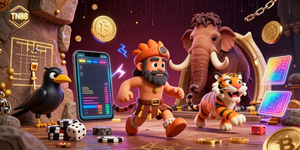 Experience the excitement of TN88 casino gaming with a cartoon caveman and saber-tooth tiger, surrounded by crypto elements.