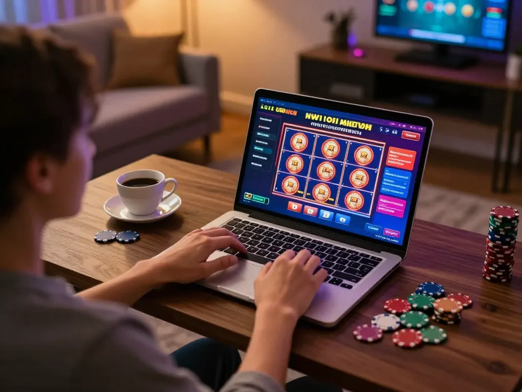 Engaging in i9bet đăng nhập online casino gameplay with colorful slot machines on screen and chips in view.