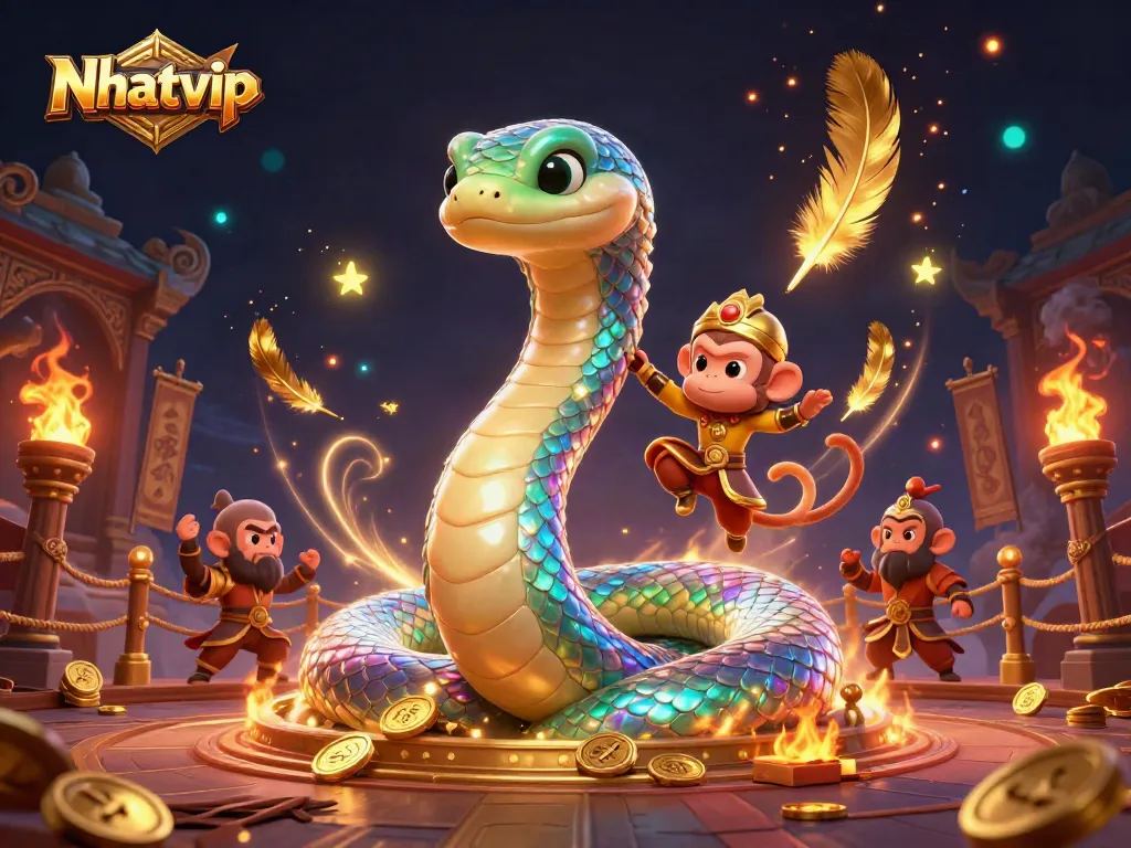 Nhatvip brings excitement with a rainbow serpent and monkey king in a vibrant gambling scene.