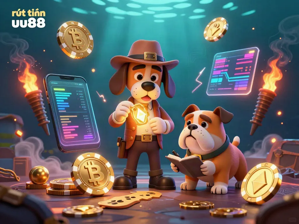 Engage with rút tiền uu88 by discovering treasure clues in a vibrant casino-inspired scene.