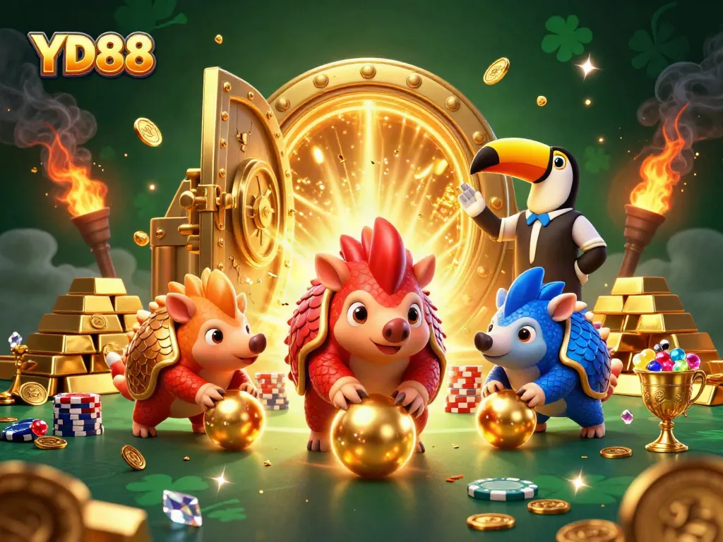 Experience the thrilling game of YD88 with pangolins bowling through poker chips in a vibrant casino scene.