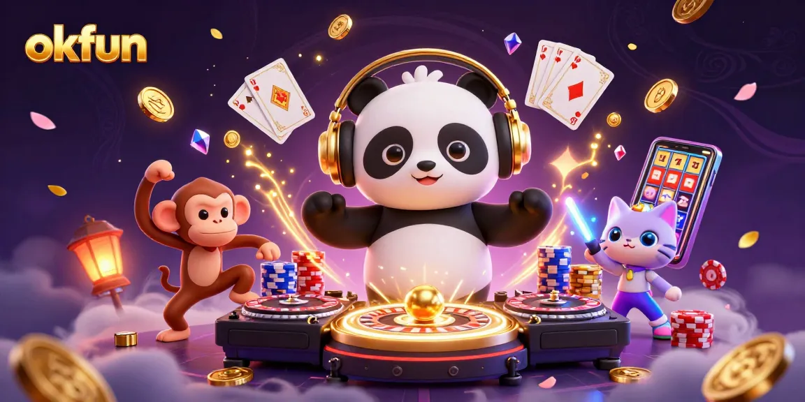 Experience thrilling gaming at okfun with a lively 3D scene filled with fun characters and vibrant casino elements.