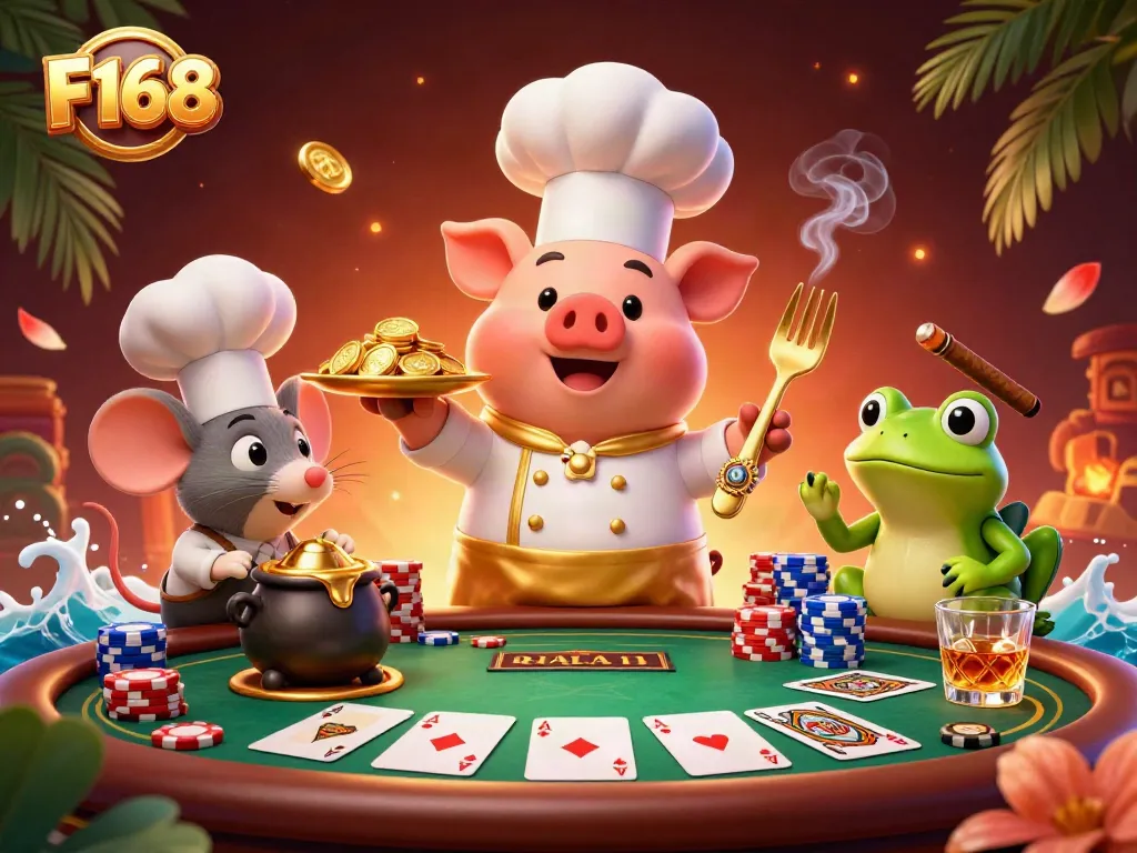 Win big with F168 as chefs and gamblers combine fortunes in this vibrant casino scene.