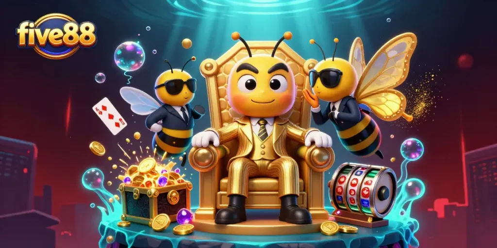 Experience the excitement of five88 with this dynamic casino-themed illustration featuring characters and game elements.