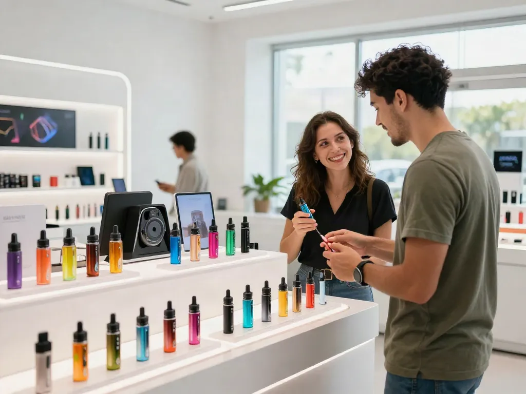 Wholesale vape supplier in Europe showcasing diverse vaping products in a bright retail setting with knowledgeable staff assisting customers.