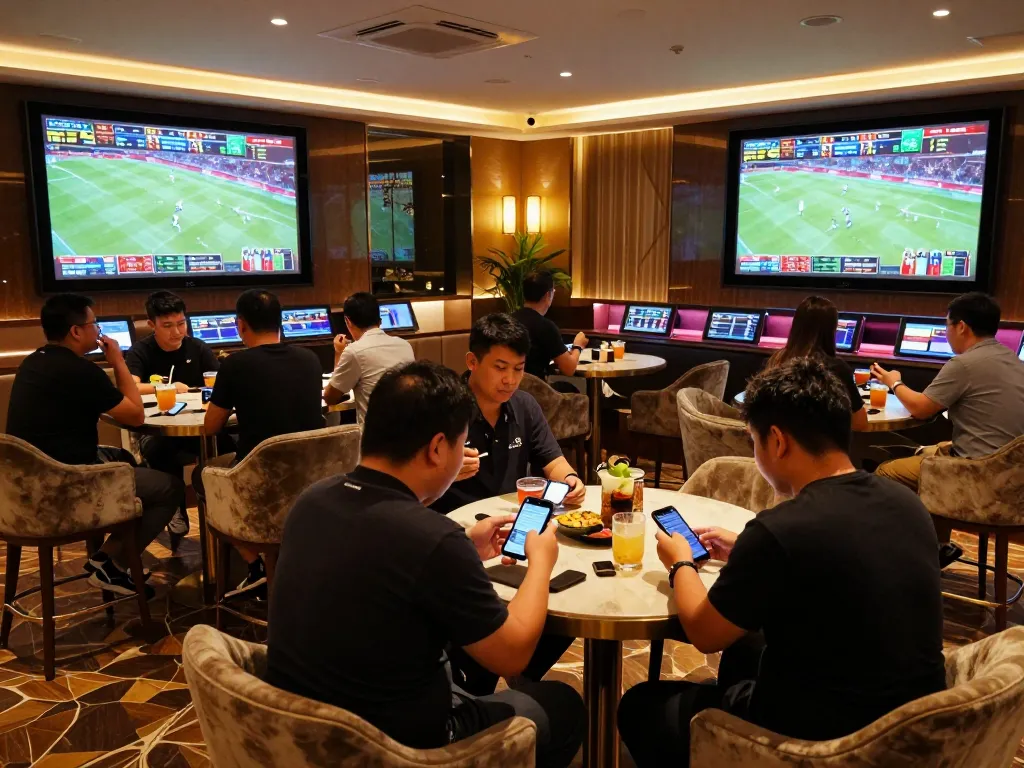 Betting enthusiast analyzing odds on mobile in a vibrant lounge at 8live.