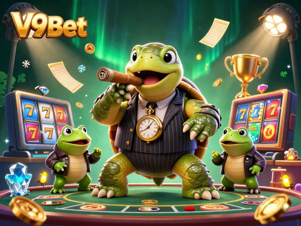 Experience thrilling slots action at V9Bet with a whimsical turtle mobster and dynamic gaming elements.