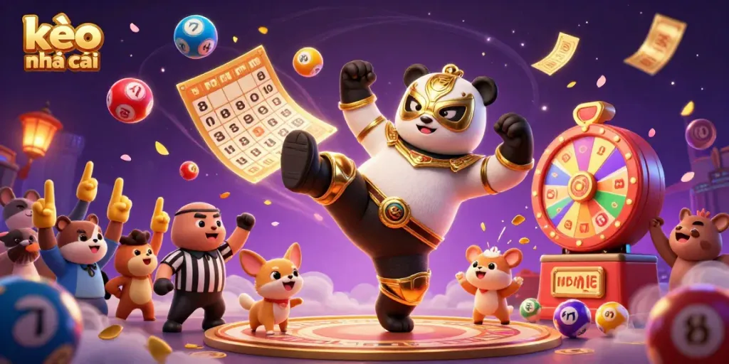 Experience the excitement of kèo nhà cái with a whimsical wrestling panda amid colorful gambling elements.
