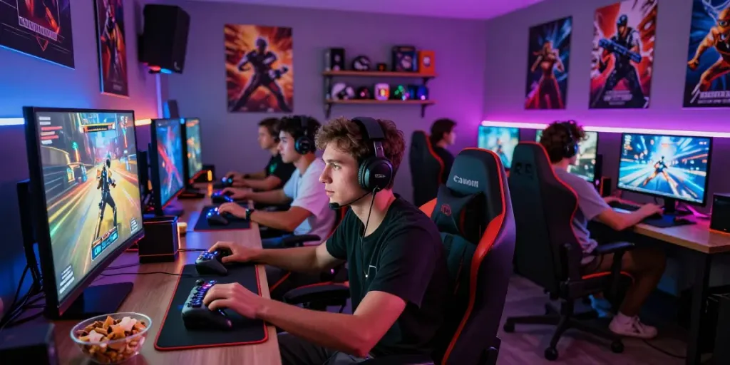 Engaged friends playing multiplayer games in a lively gaming lounge, showcasing a vibrant atmosphere centered around rokok88 gaming experiences.