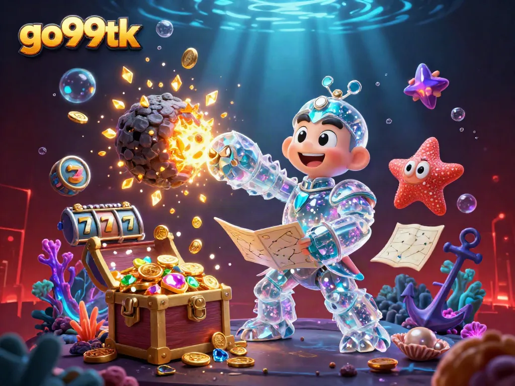 Experience thrilling wins at go99tk with a vibrant 3D illustration of explosive casino action, featuring floating slot reels and underwater treasures.