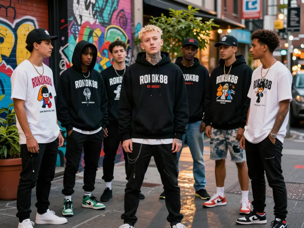 Young adults showcasing ROKOK88 merchandise in a vibrant urban street setting.