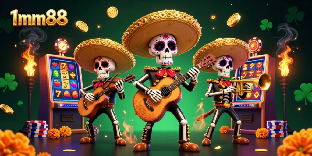 Join the excitement with 1mm88 as colorful Day of the Dead mariachi skeletons celebrate in a vibrant casino scene.