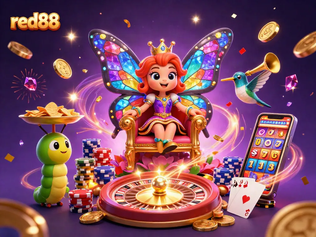 Play and win at red88 with a vibrant casino scene featuring dynamic characters and rich gaming elements.