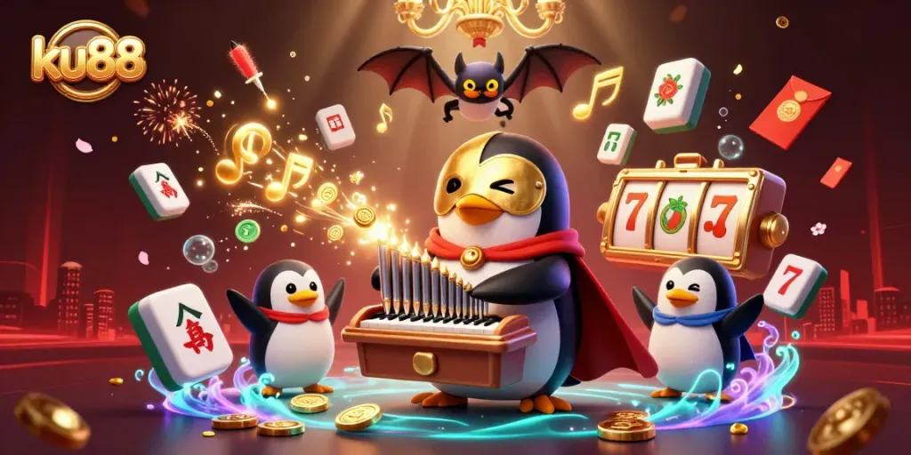 ku88 showcases thrilling online casino action with a playful penguin, vibrant slot reels, and festive decorations.