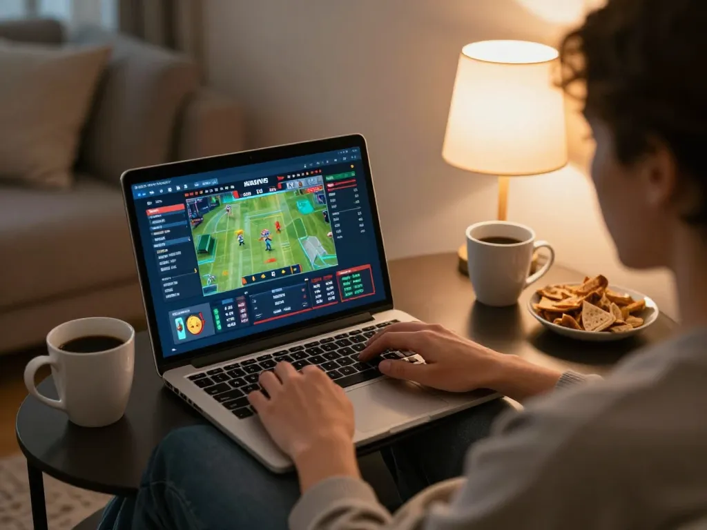 Xoilac shows a user placing sports bets online while enjoying a cozy home atmosphere.
