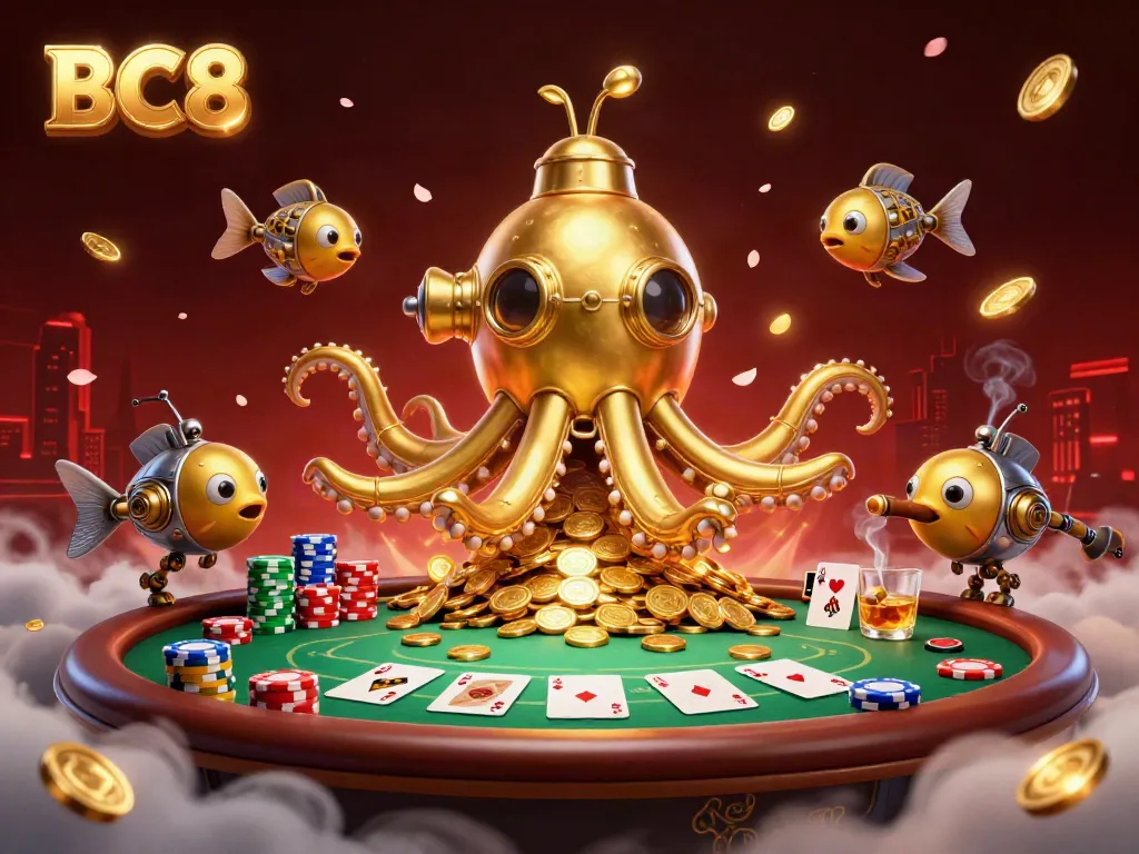 Experience the thrilling action at BC8's online casino with vibrant poker elements and a golden kraken submarine.