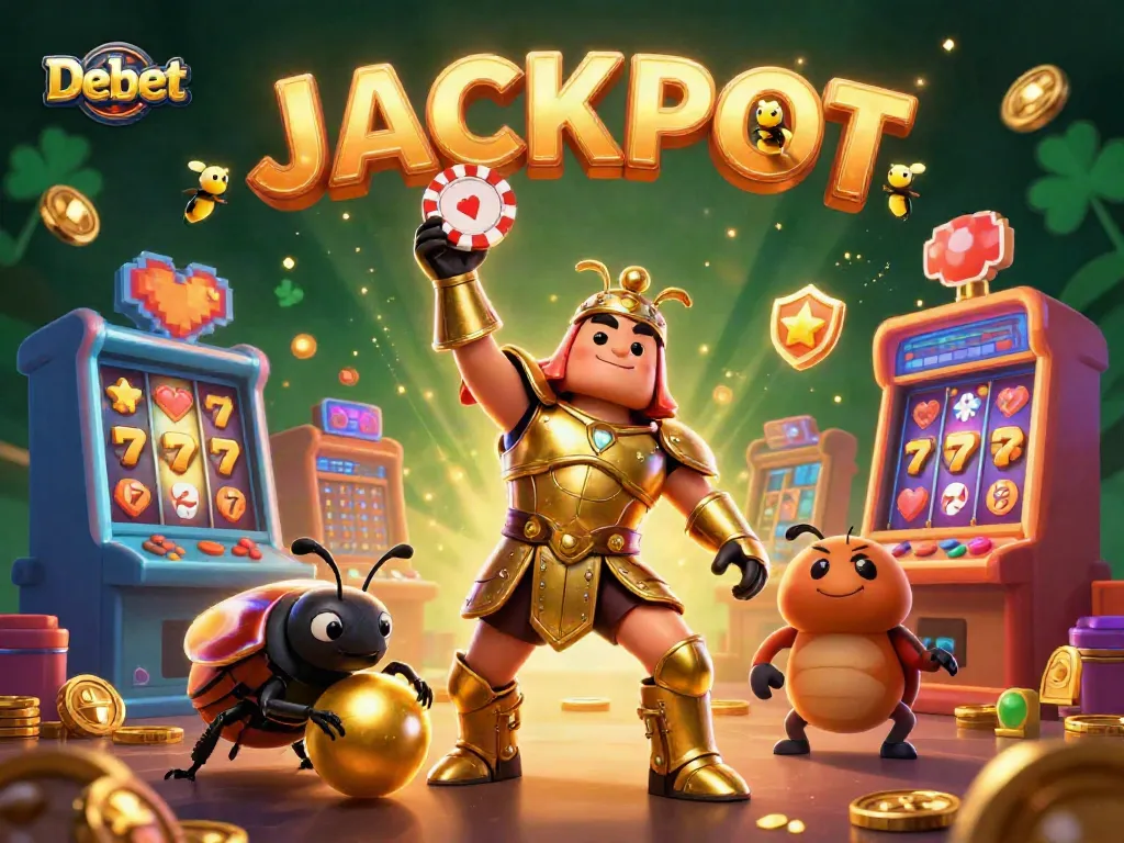 Engage in thrilling gameplay at Debet with a victorious beetle hero in a vibrant casino scene.
