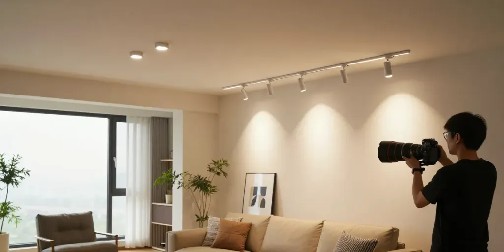 Iluminat cu sina magnetică în interior modern, ajustând spoturi LED pentru atmosferă elegantă.