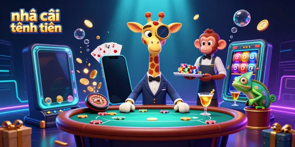 Engage with the thrilling world of nhà cái tặng tiền, featuring a high-roller giraffe at a luxurious poker table.