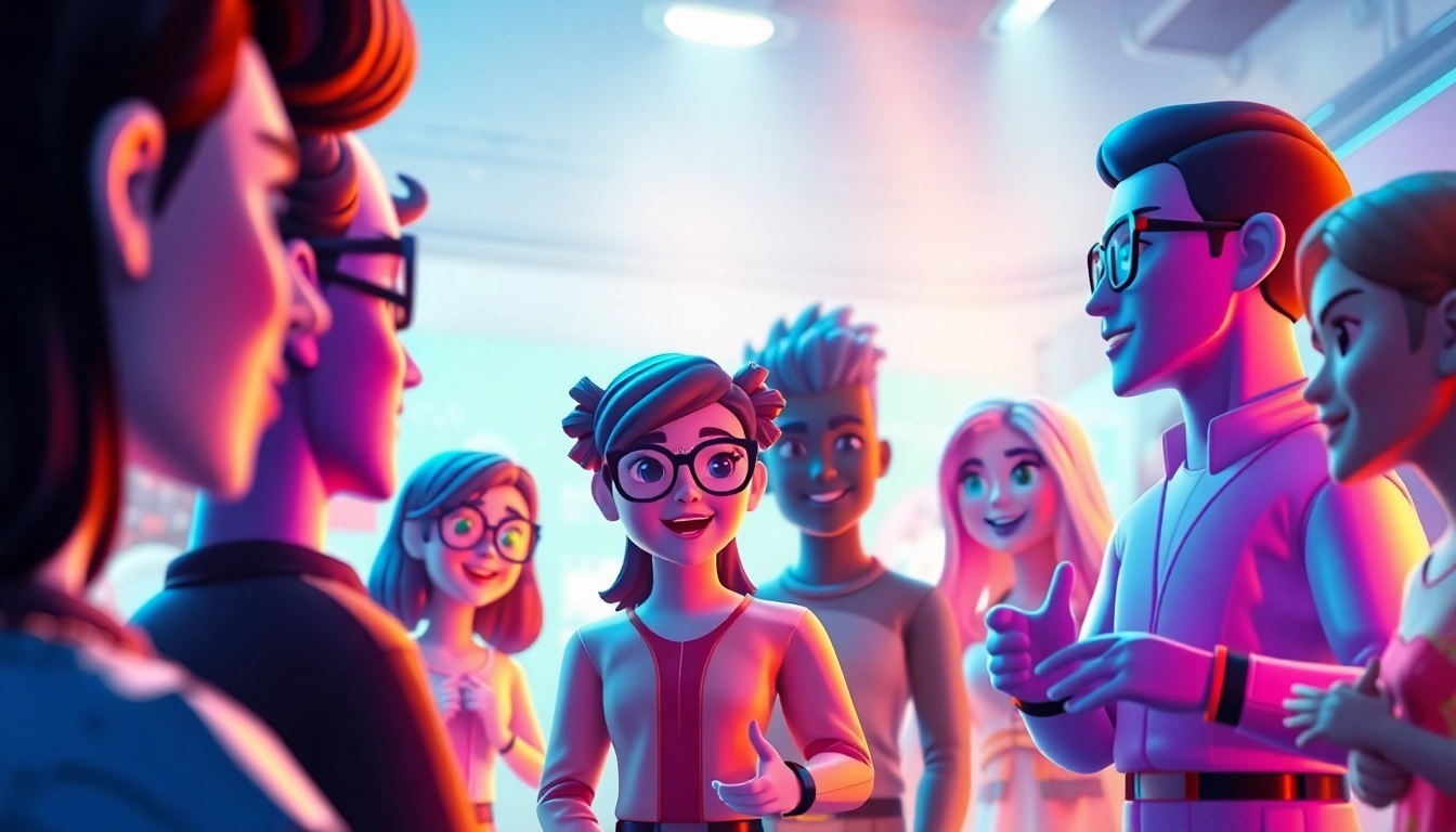 Engaging scene of immersive AI avatar interactions in a futuristic chat environment showcasing crushonai.
