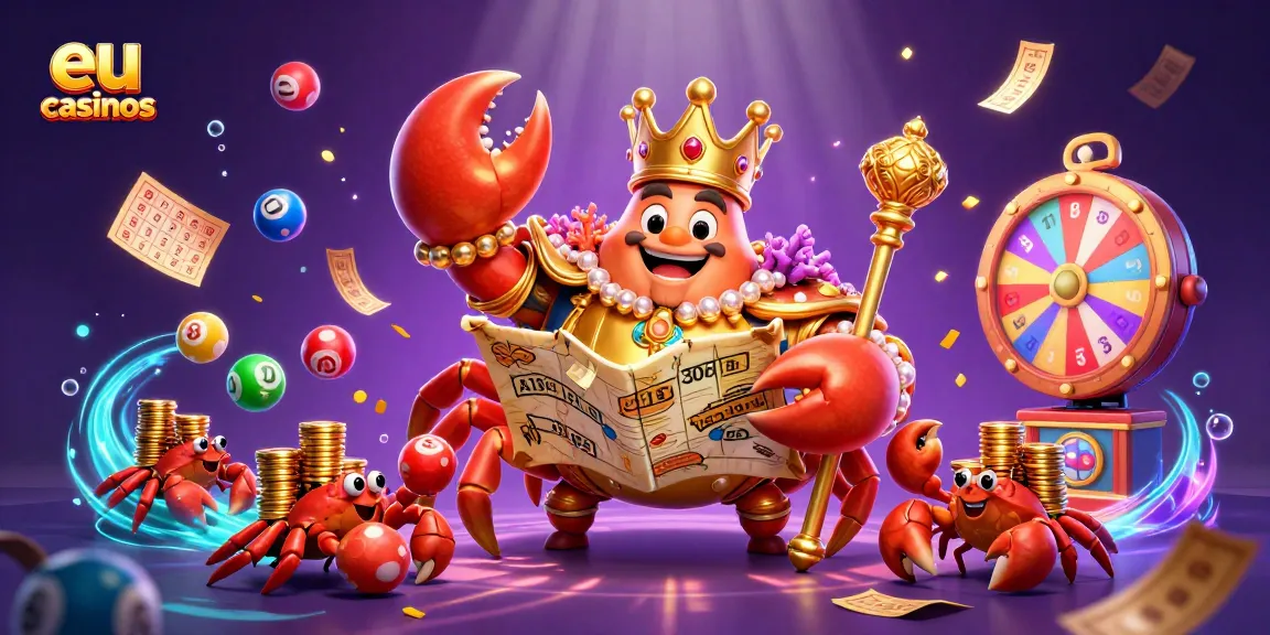 Engage in eu casinos with a dynamic scene of a golden crab emperor amidst vibrant gaming elements.