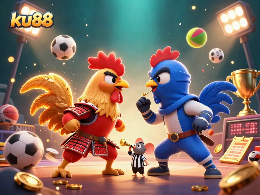 ku88 fighting roosters in a standoff amid dynamic sports elements and golden treasures