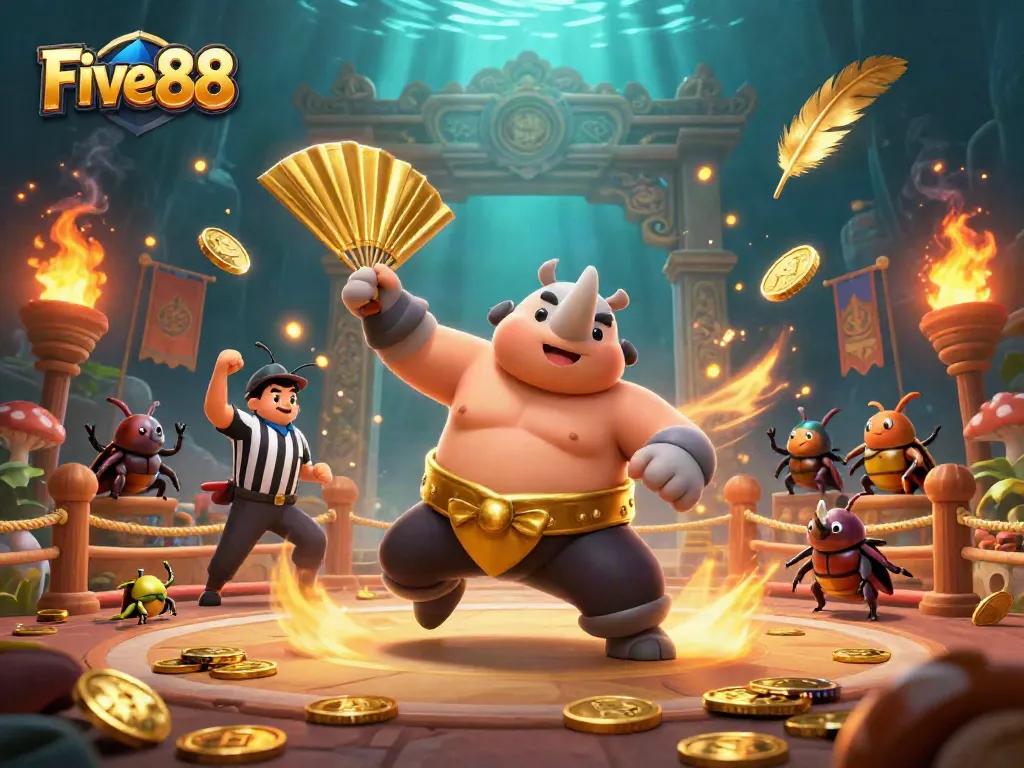 Experience thrilling winnings with Five88 at a cartoon casino scene full of action.
