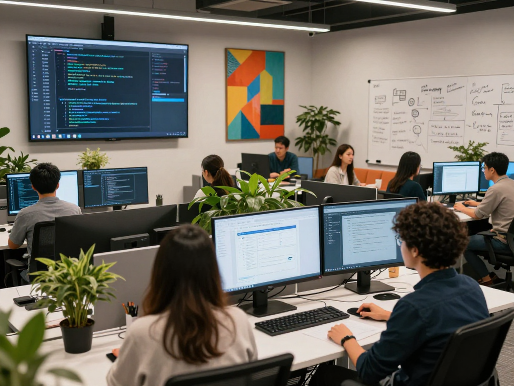IPTV subscription reseller using advanced software development tools in a modern collaborative tech workspace.