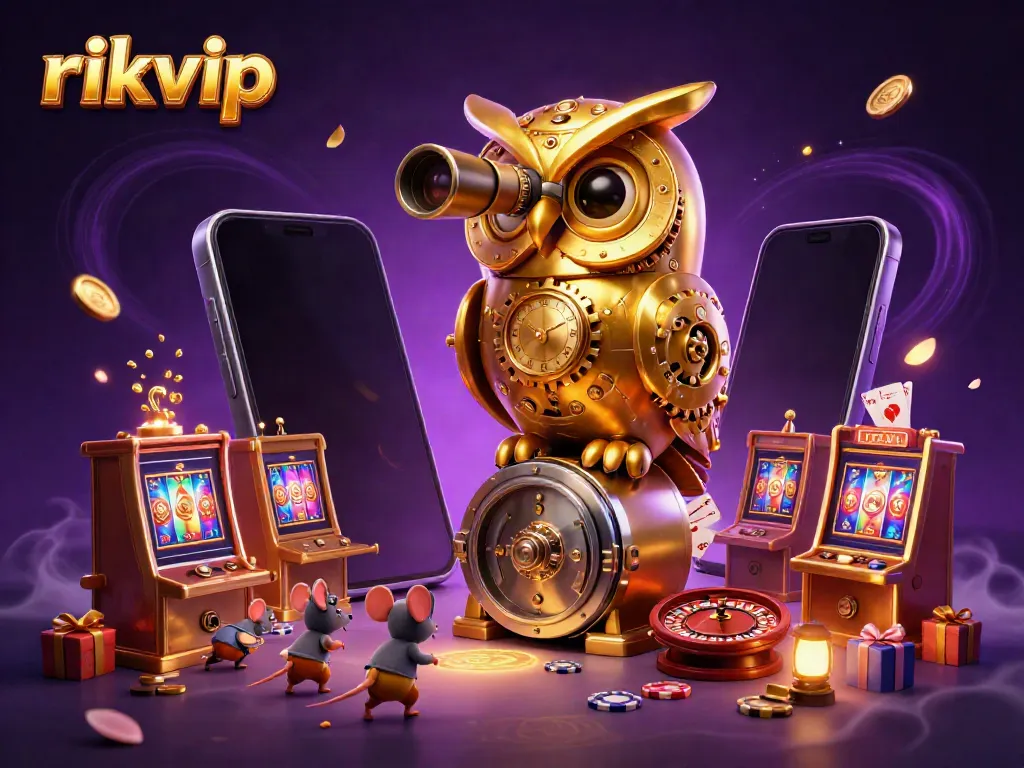 Engaging scene with rikvip's golden owl overseeing vibrant casino game activities, showcasing slot machines, cards, and coins.