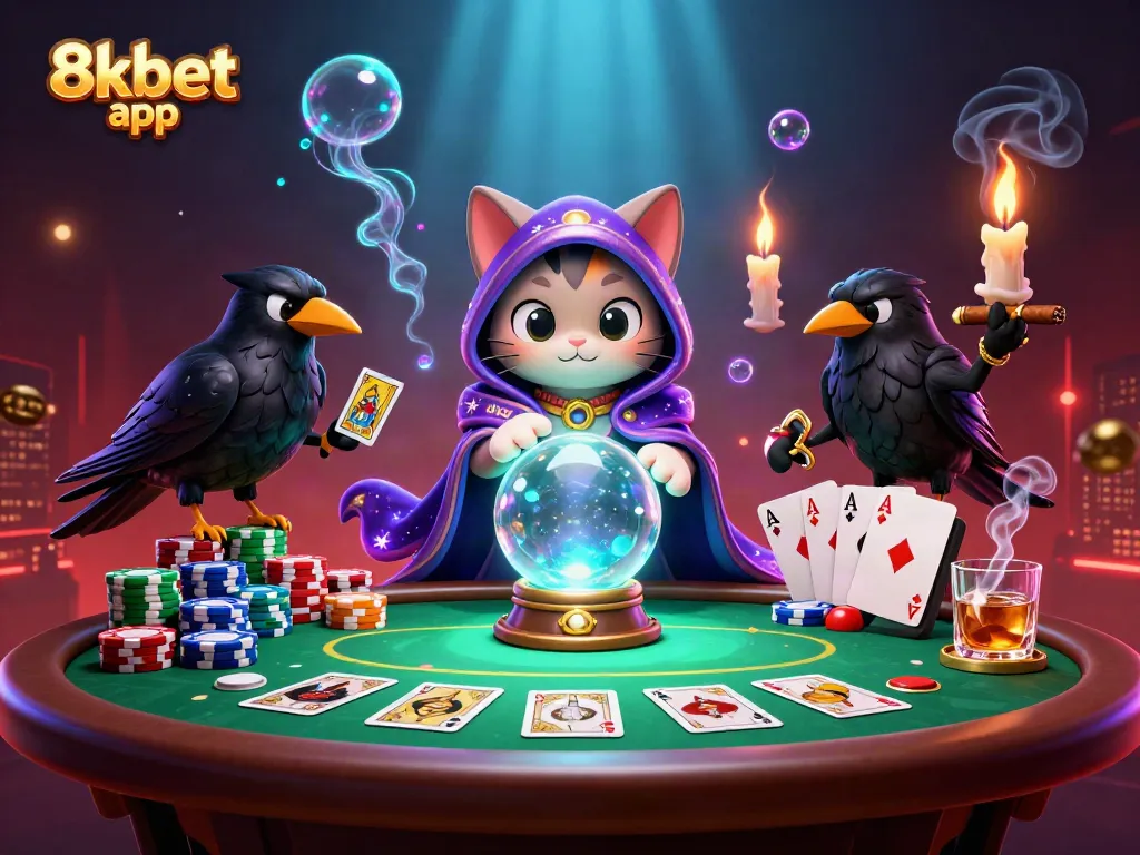 Experience the excitement of the 8xbet app with a vibrant casino scene featuring mystical characters, poker elements, and dynamic effects.