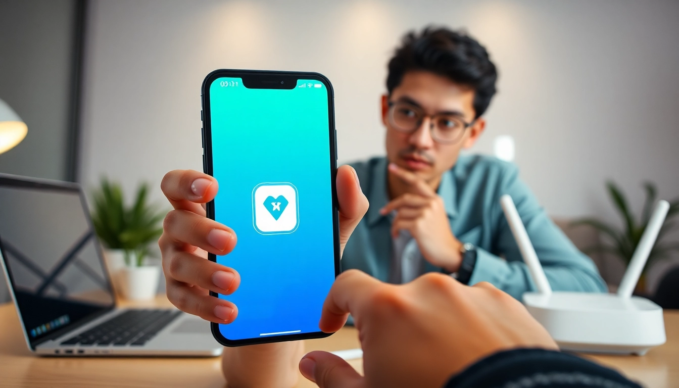 快连官网 app interface displayed on a smartphone in a stylish workspace, illustrating connectivity and user-friendliness.