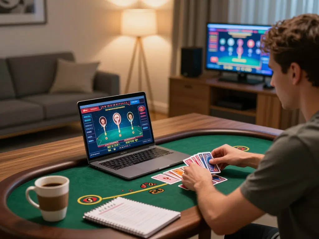 Engaging in a thrilling QQ88 live dealer game from home, player fully immersed in the action.