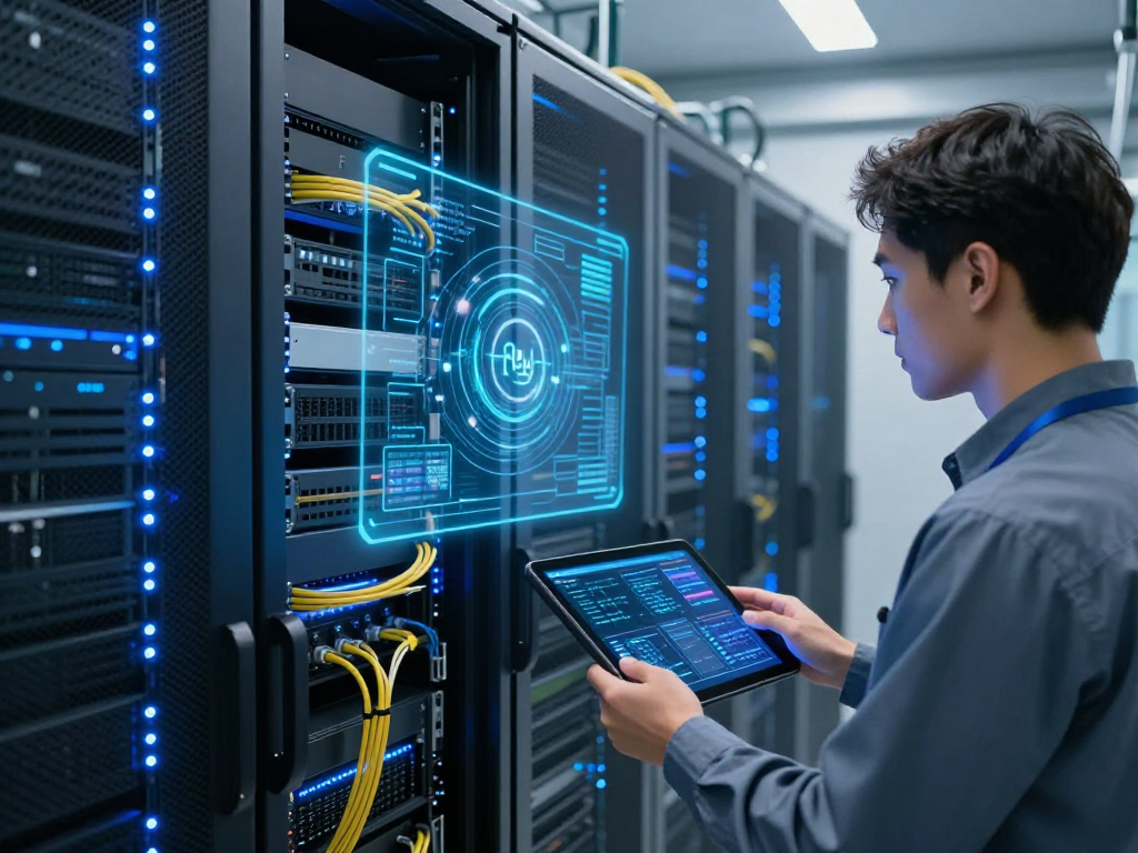 IPTV panel capabilities showcased in a modern data centre with illuminated servers and digital interfaces, representing advanced technology solutions.
