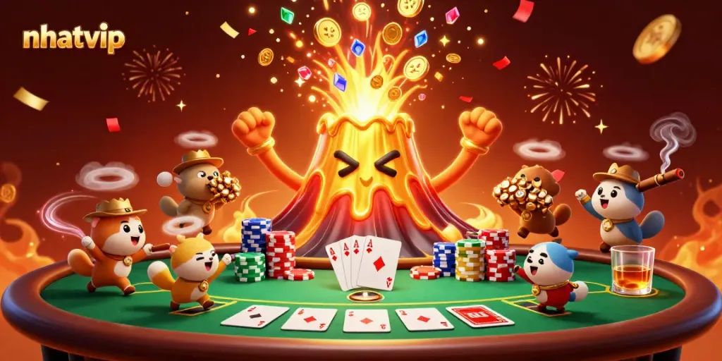 Experience the thrills of nhatvip with a golden volcano erupting treasures amidst vibrant casino elements.