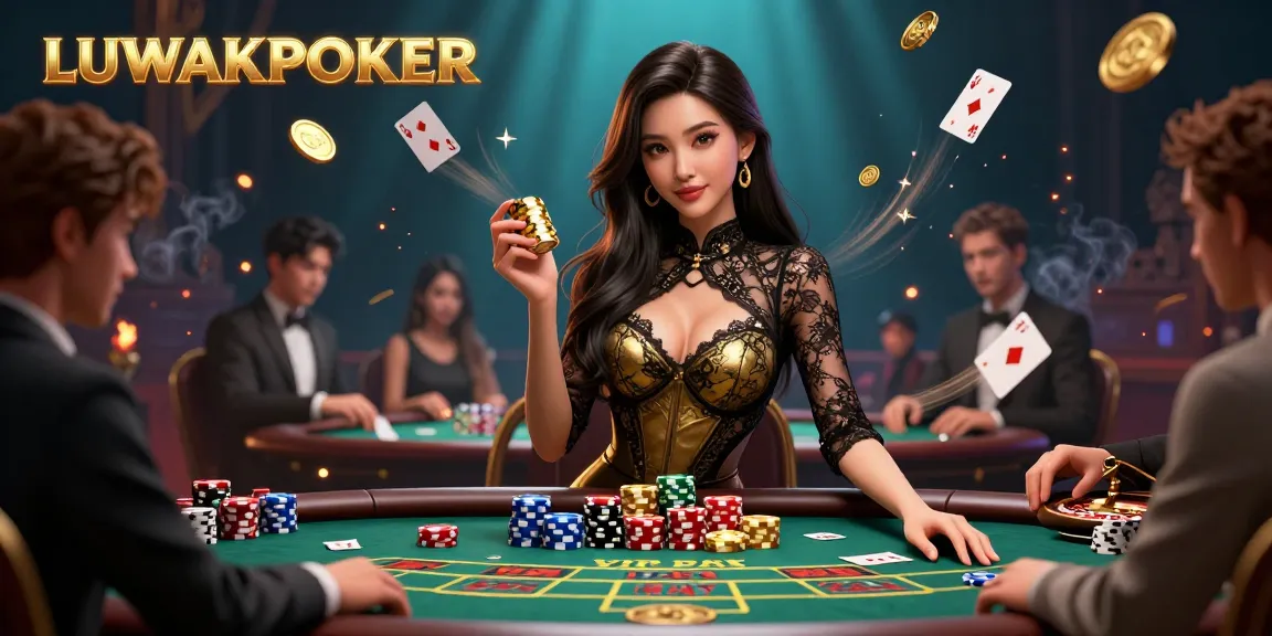 Engage in high-stakes poker action with LUWAKPOKER as a confident player showcases golden chips.