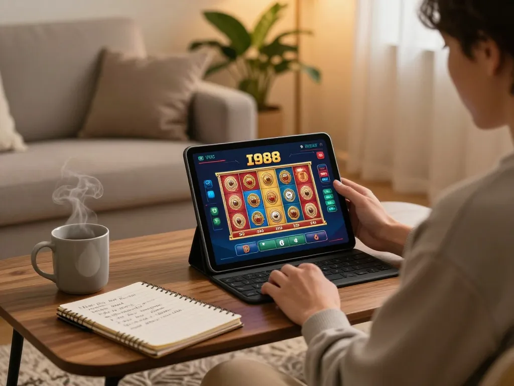 Playing slot88 on a tablet in a cozy home environment, showcasing responsible gaming and strategies.