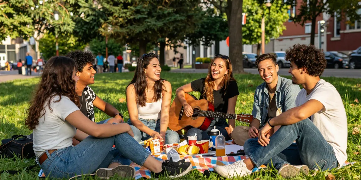 Friends sharing stories about their crush on a sunny day in the park.