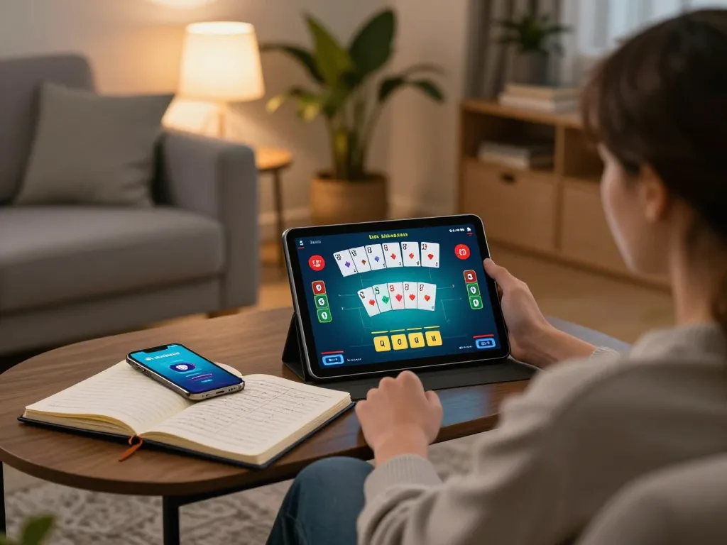 Engaging in online poker with the betflix app in a cozy home setting, showcasing responsible gaming habits.