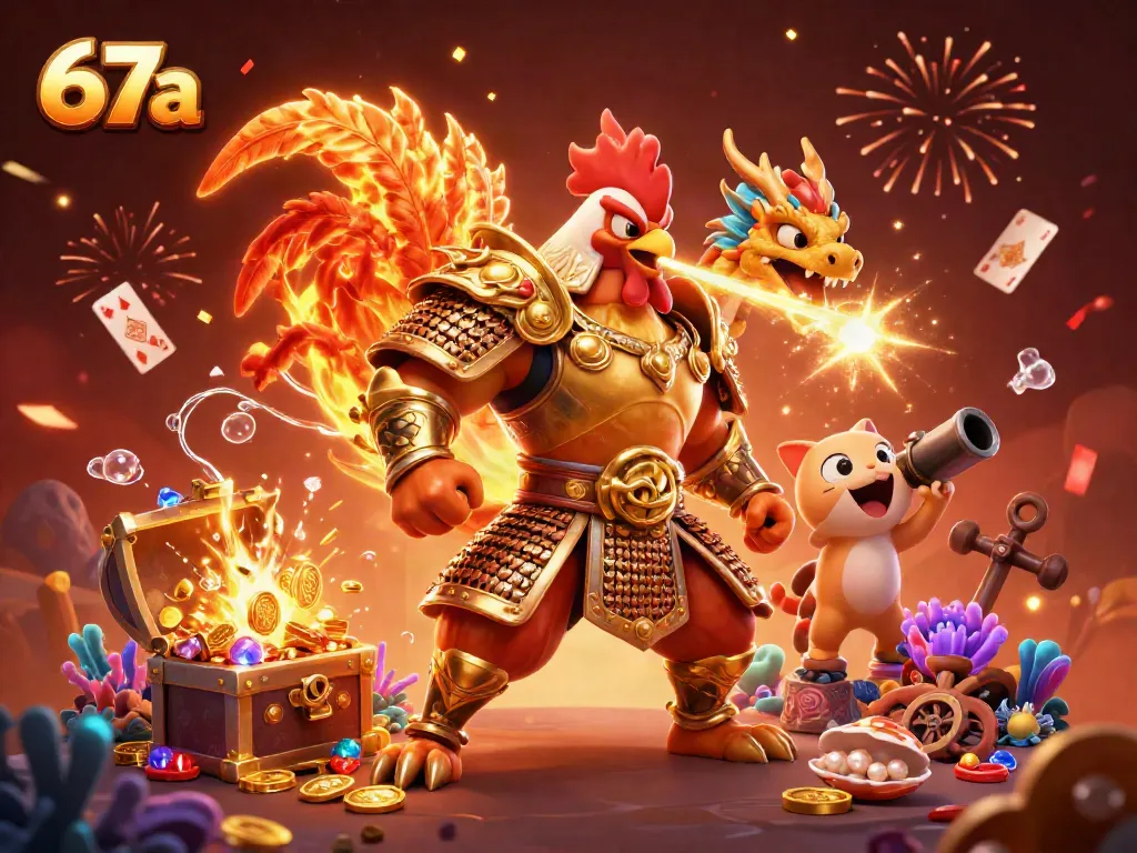 Experience the excitement with 67a's dynamic casino-themed 3D illustration featuring unique characters and game elements.