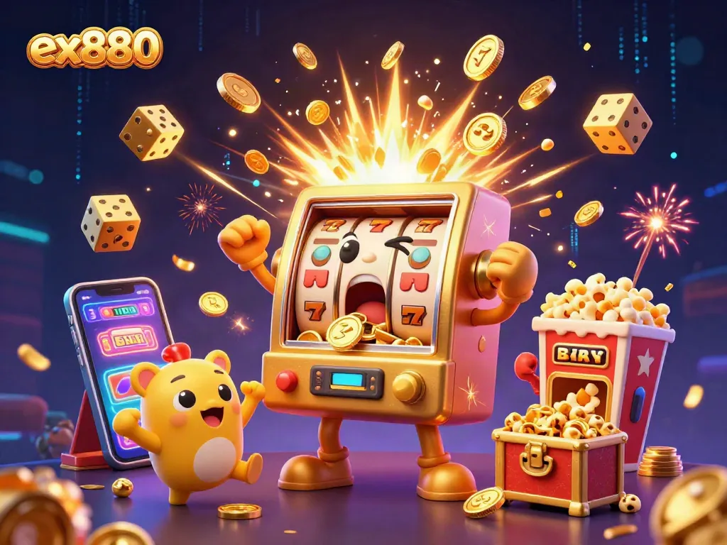 Engage in thrilling gameplay with ex880 at a festive casino scene featuring a golden jackpot slot machine.