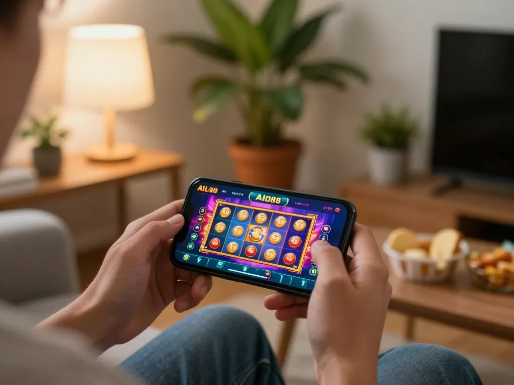 Player enjoying alo88 mobile casino gaming with vibrant slot game on smartphone