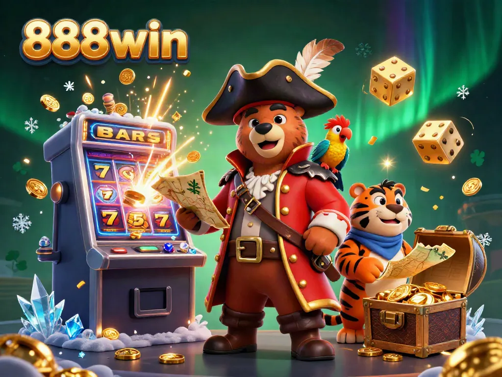 Experience thrilling wins at 888win with colorful slots, a treasure chest, and lively characters.