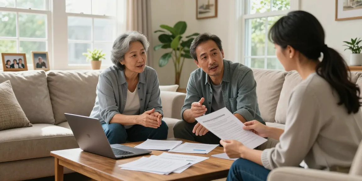 Family discussing how to get rid of a timeshare in a cozy living room, showcasing documents and laptop.