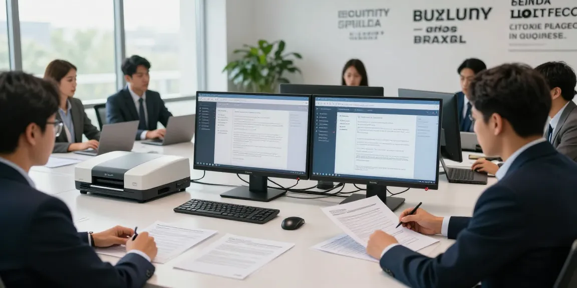Document fraud detection process in a modern office with compliance officer reviewing documents and team collaboration.