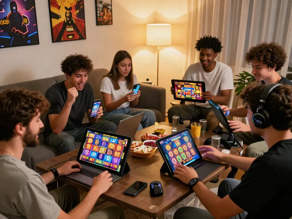 Players engaging with slot88 games on multiple devices in a vibrant home setting, showcasing excitement and community.
